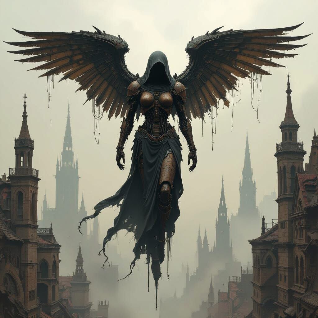 Decaying Biomechanical Angel Descends Over Ruined City