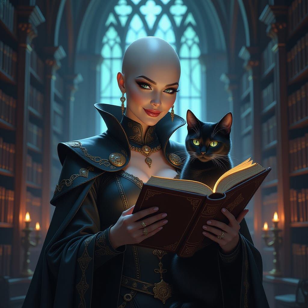 Bald Sorceress with Black Cat Reads Ancient Tome in Library