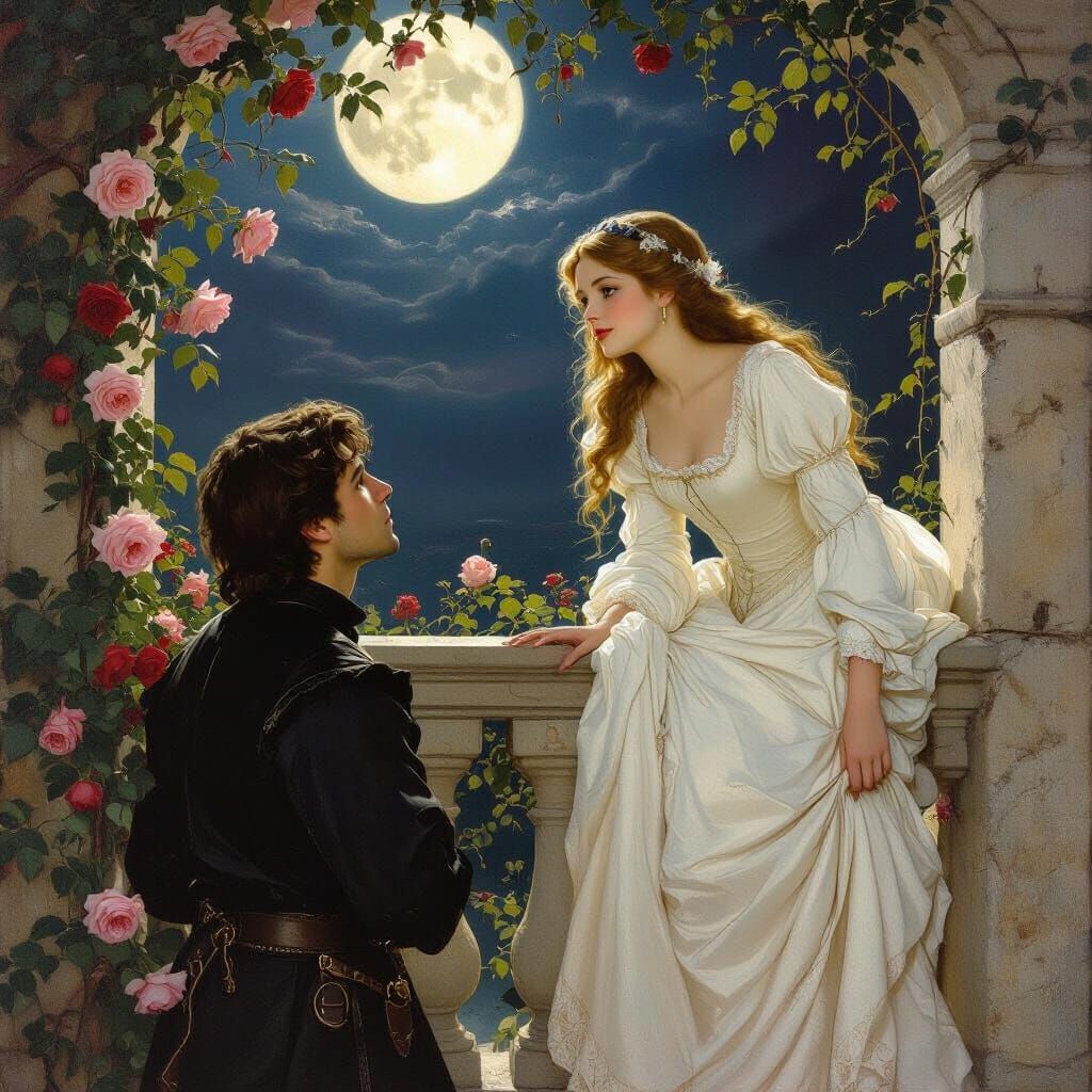 Romeo Longs for Juliet on Balcony in Moonlight