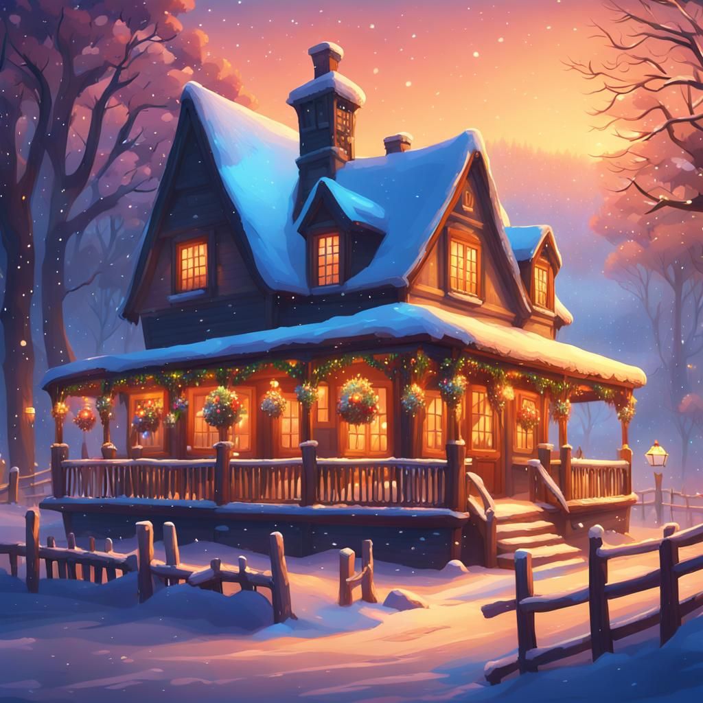 Snowy Country Inn at Dusk in Unreal Engine Style