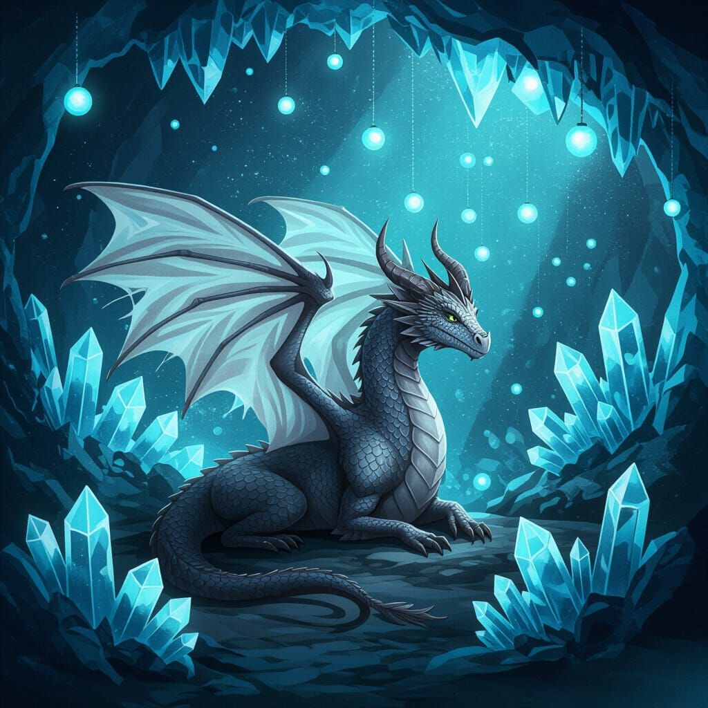 Dragon with Translucent Wings in Crystal Cave