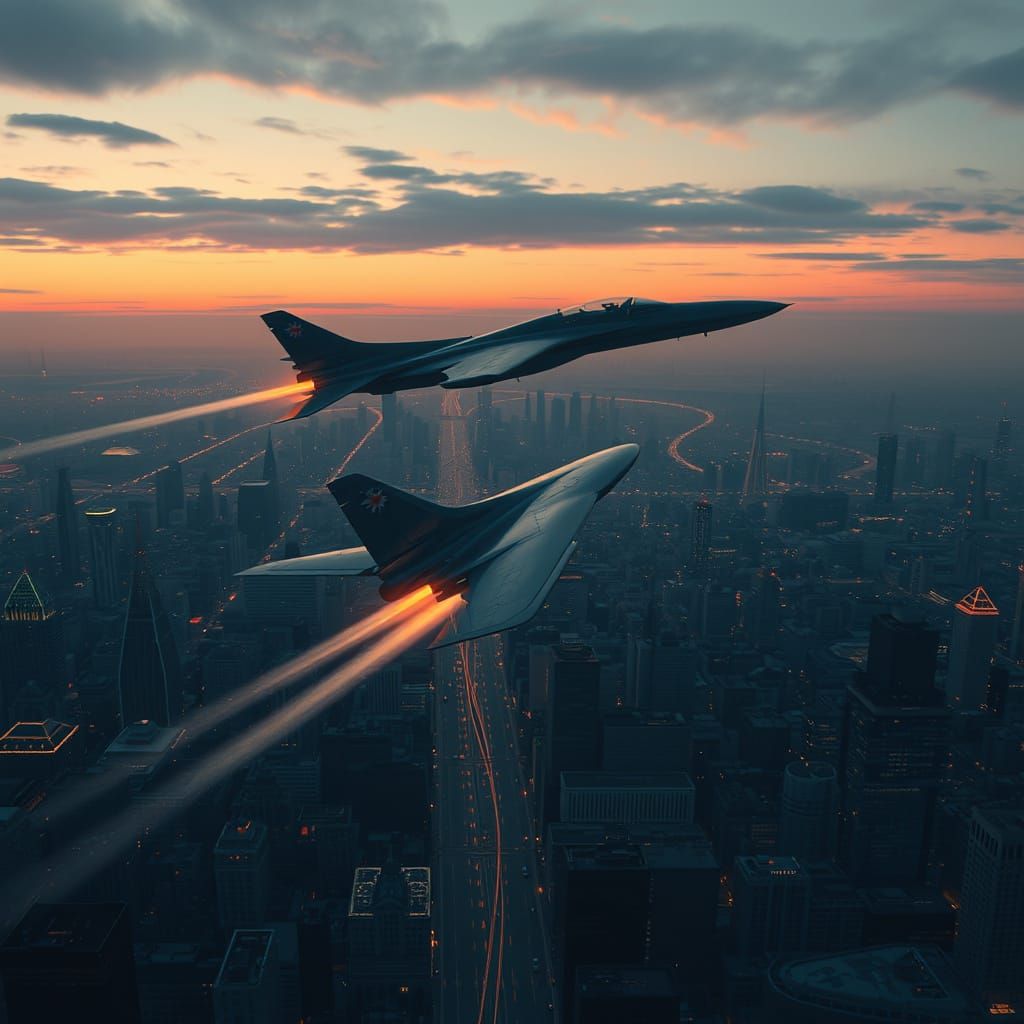 Futuristic Airplane Over Cityscape at Dusk