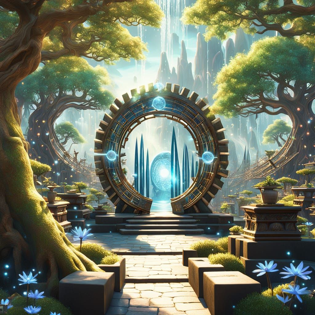 Surreal Stargate with Harp in Bonsai Village