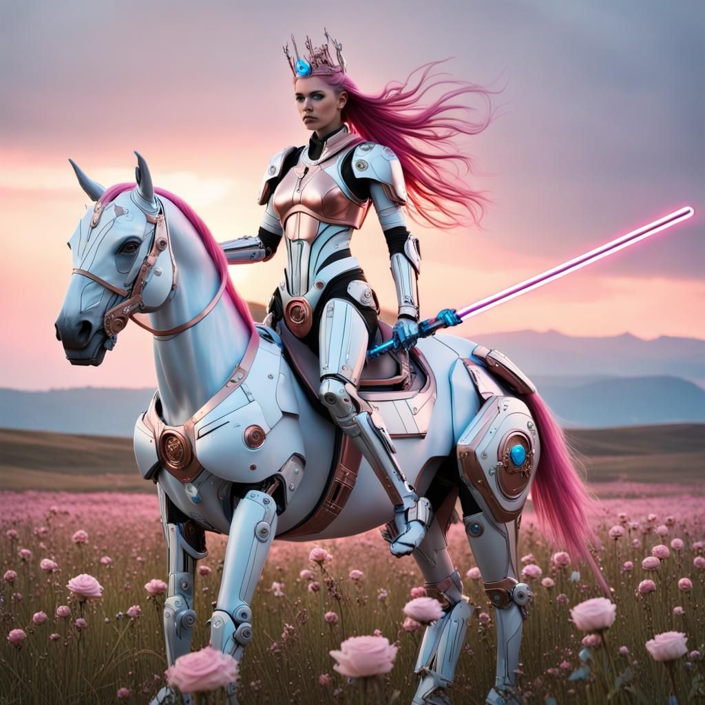 Pink-Haired Cyborg Jedi Knight on Cybernetic Horse