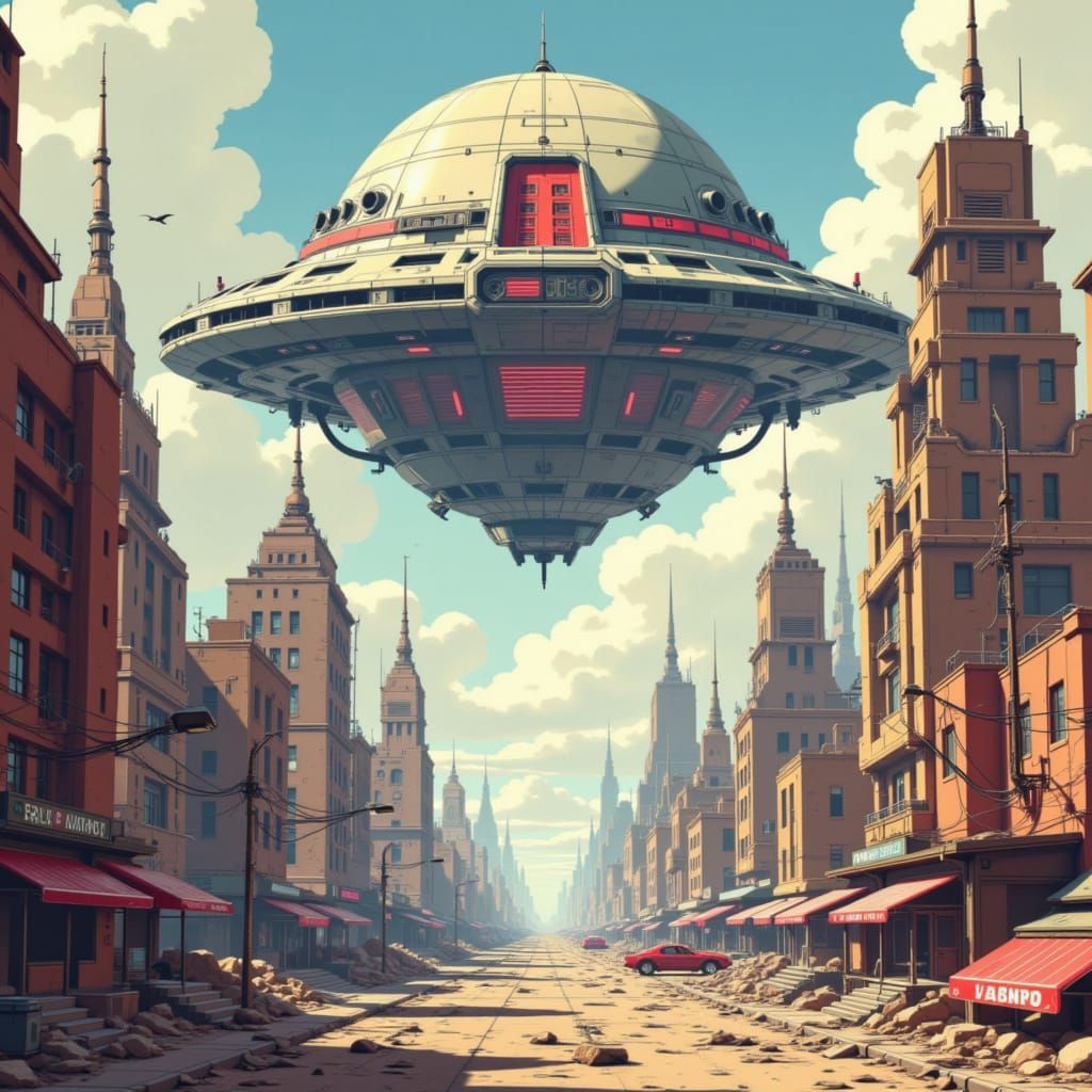 Retro-Future City with Moon Spaceship in Cassette Futurism S...