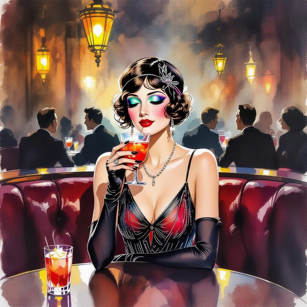 Flapper in Art Deco Bar, Watercolor Style