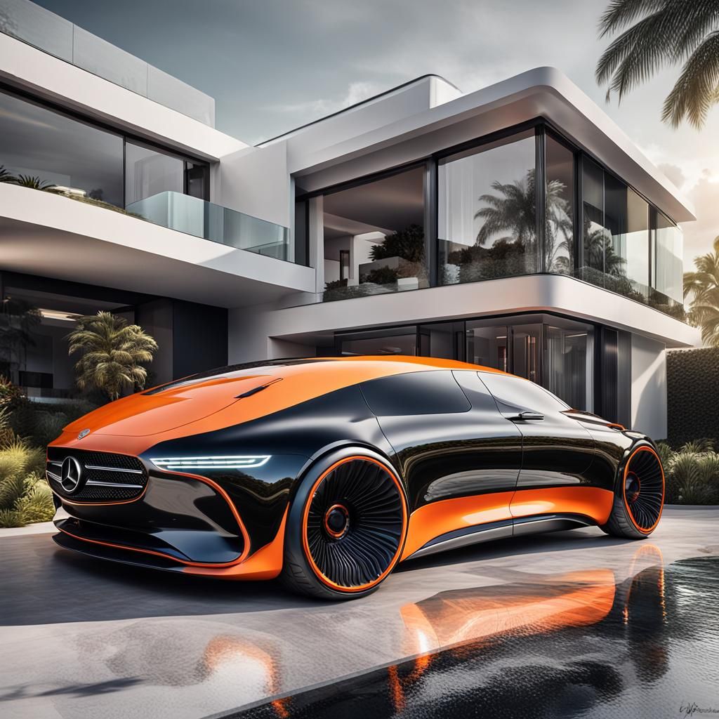 Futuristic Mercedes Car in Upscale Neighborhood