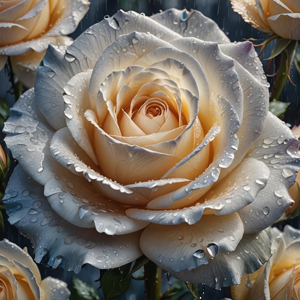 White Rose Wet from Rain in Sunbeams