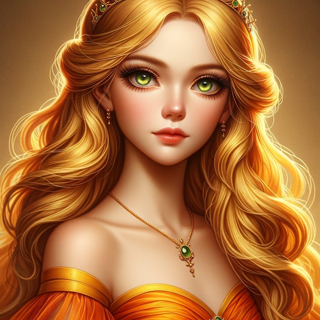 Regal Queen in Elegant Orange Gown with Vibrant Hair and Gre...