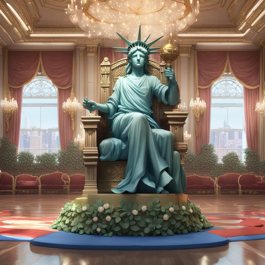 Anthropomorphic Liberty on Throne: 3D Anime Art