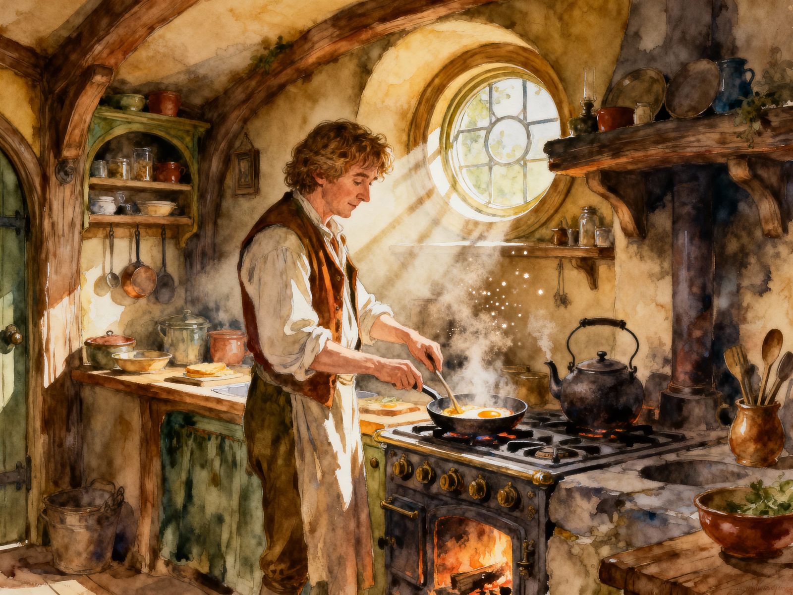 Hobbit Kitchen Breakfast Scene in Watercolor Style