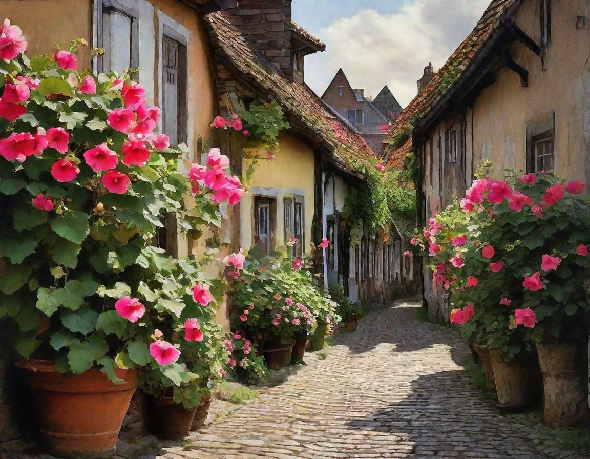 Whimsical Old Town Street Scene with Vibrant Hollyhocks