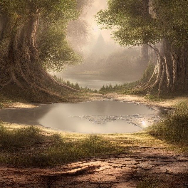 Lush Forest Lake in Detailed Matte Painting