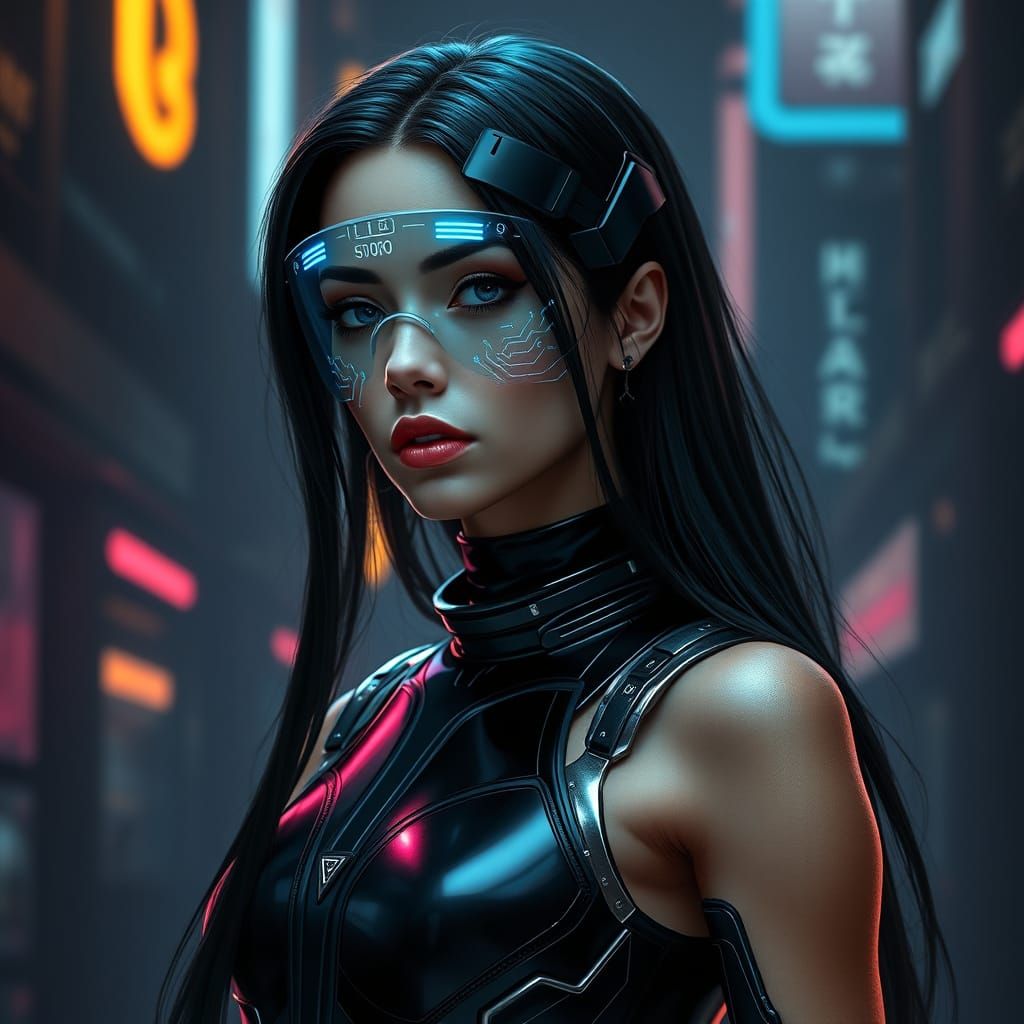 Cyberpunk Woman in High-Tech Visor and Neon Cityscape