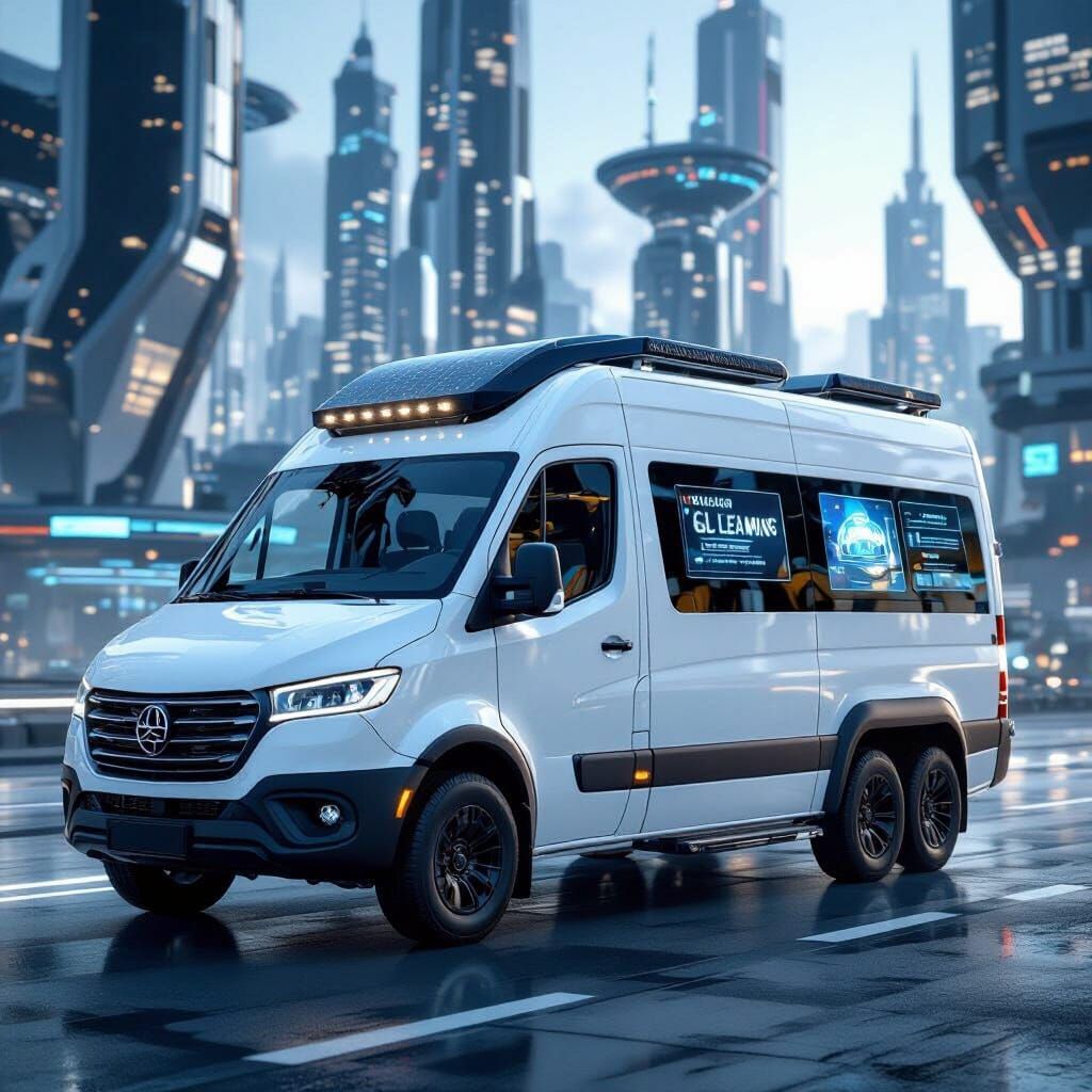 Futuristic White Work Van in 2075 Metropolis