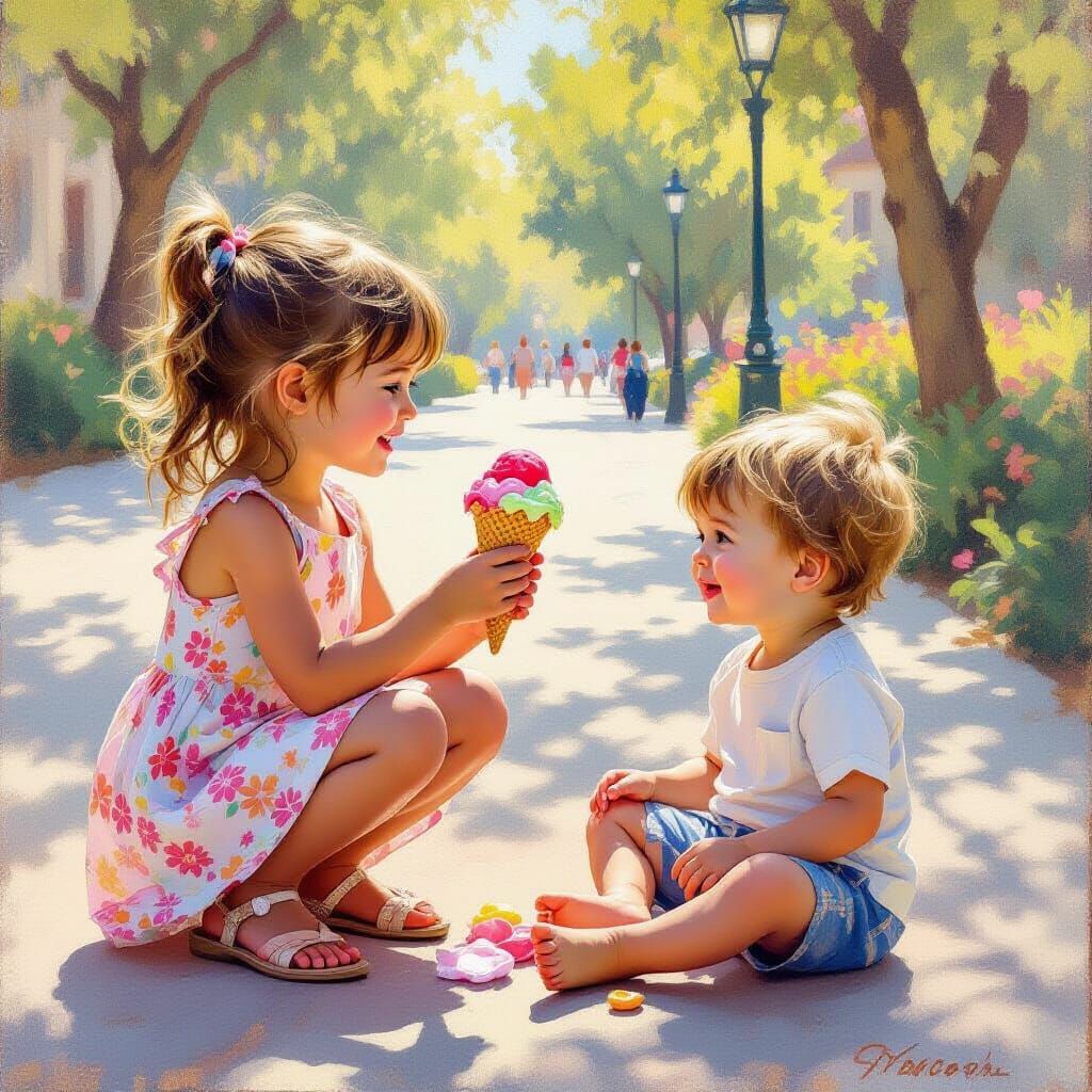 Girl Shares Ice Cream with Boy in Impressionist Style