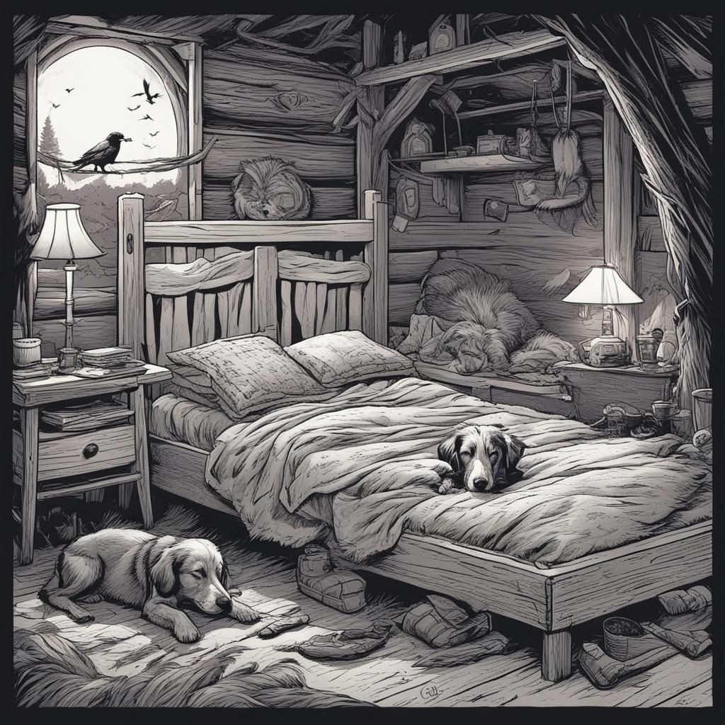 “A hillbilly sleeping on a feathered bed.” “With a hound dog” Mark Brooks and Dan Mumford, comic book art, perfect, smoo...