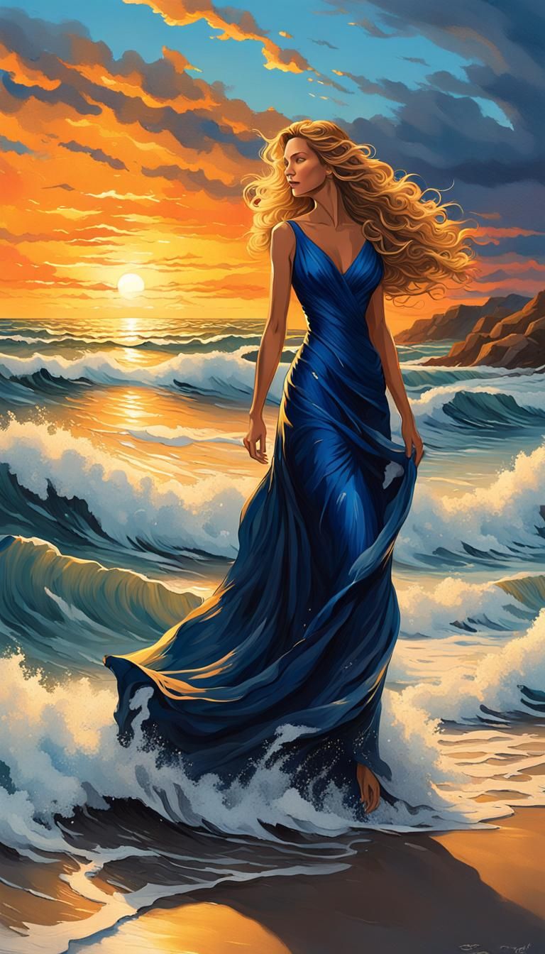 A stunning woman with flowing wavy hair and a deep blue even...