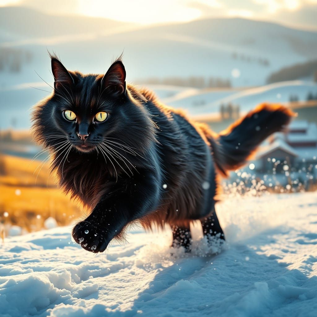 Elegant Black Cat Runs Wild in Idyllic Winter Wonderland