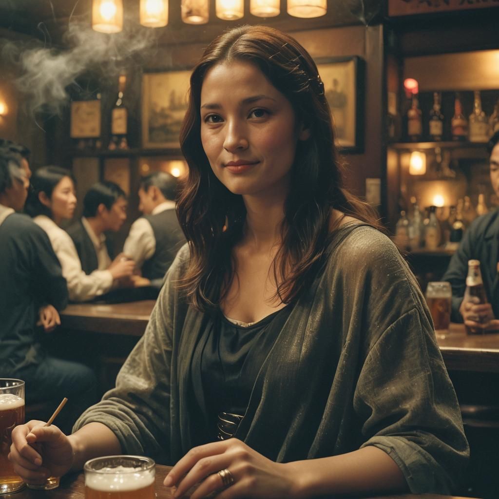 Mona Lisa in Tokyo Bar, Neo-Noir Cinematic Still