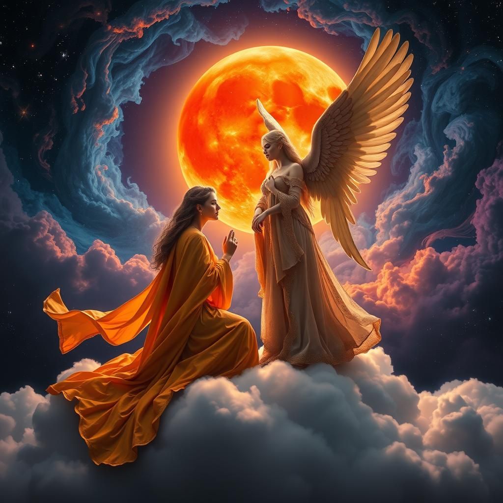 Celestial Angel Kneeling Under a Red Moon