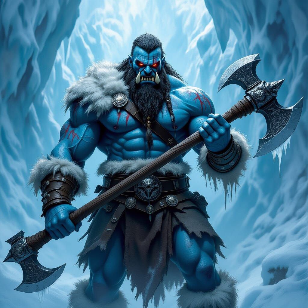 Blue Barbarian God of War and Ice with Greataxe