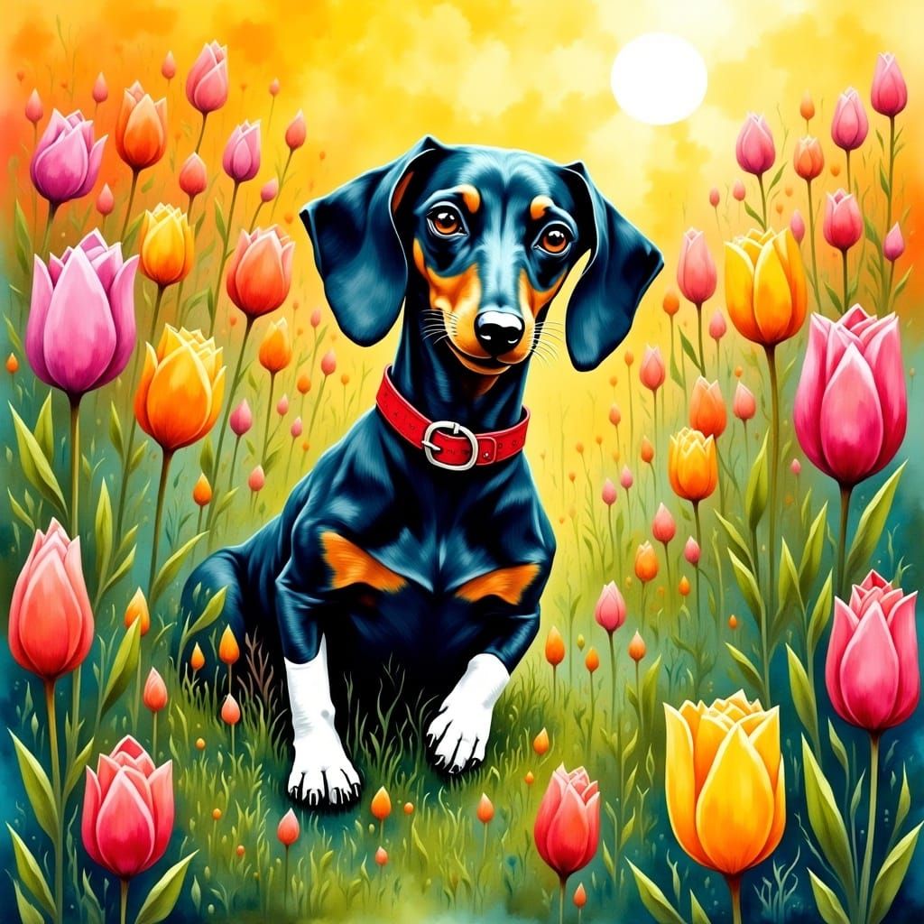 dachshund frolicking in a field of tulips<lora:SybilThorn-FluxLORA3:1.0> impressionism expressionism Claude Monet cubism...