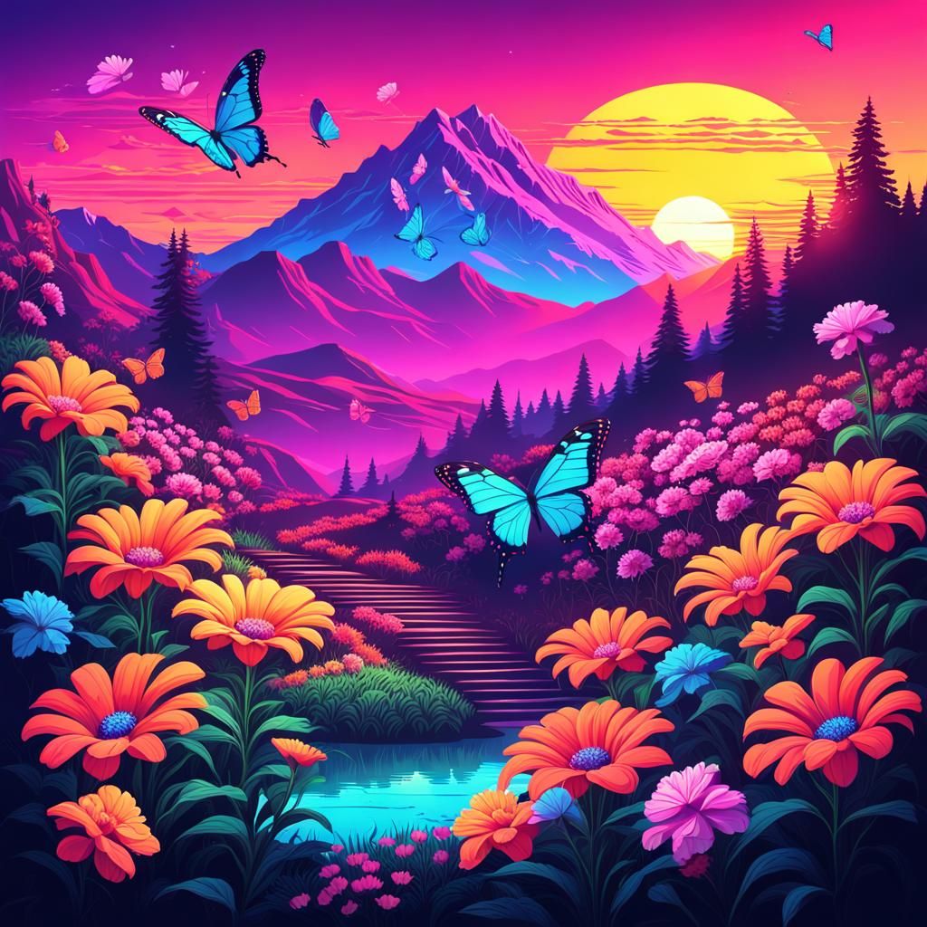 Flowers Bloom in Valley Garden at Sunset, Synthwave Style