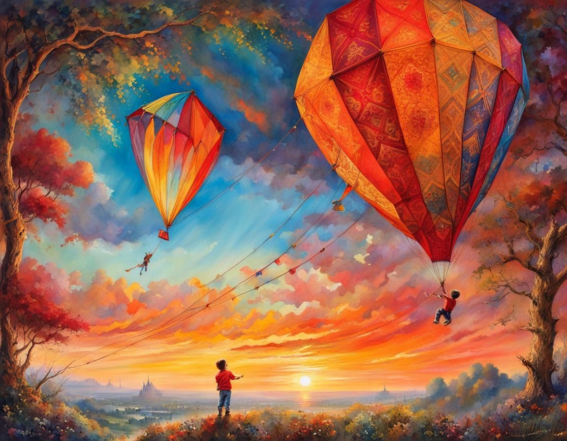 Boy Flying Multicolored Kite at Sunrise in Watercolor