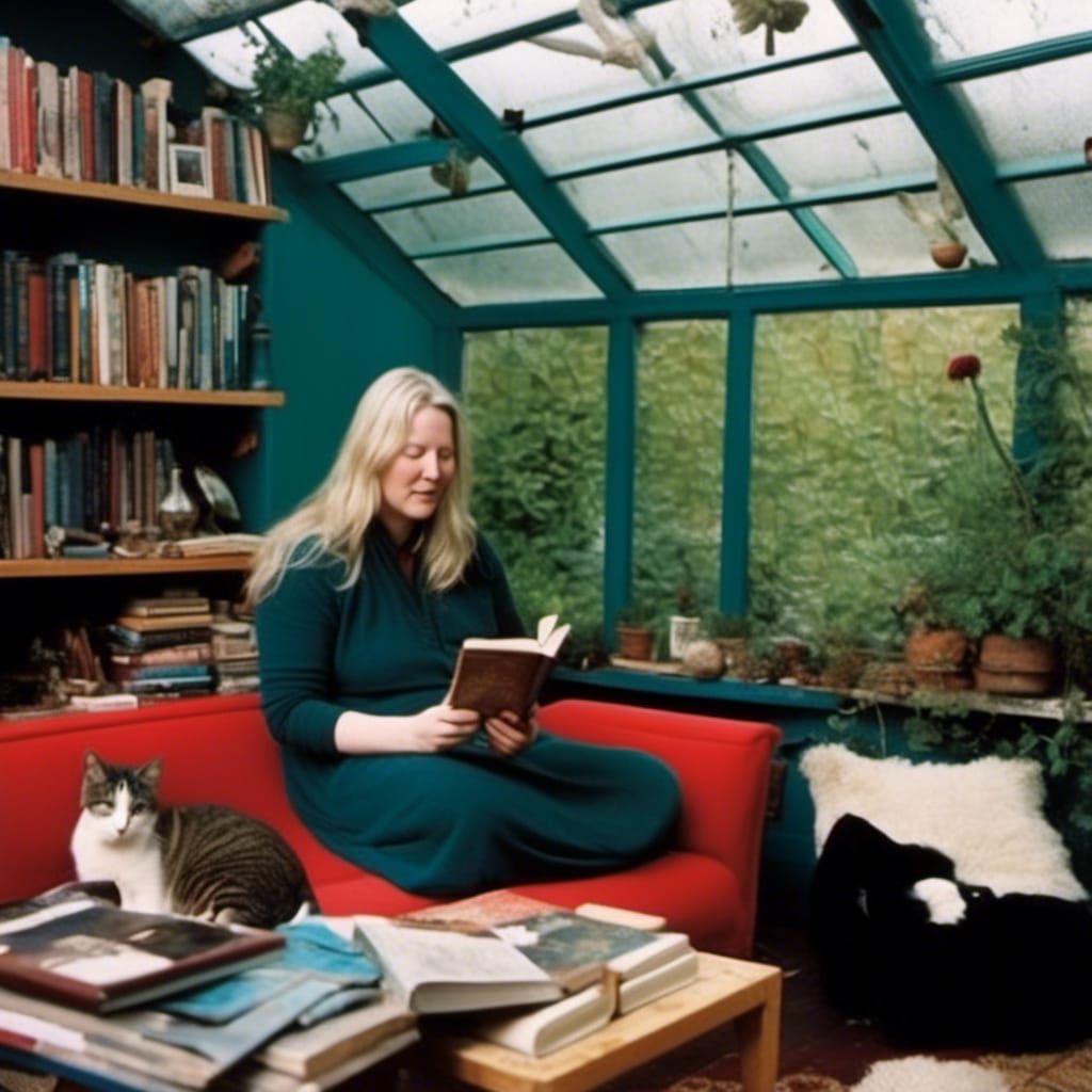 Relaxed Reader in Sunny Greenhouse with Cats