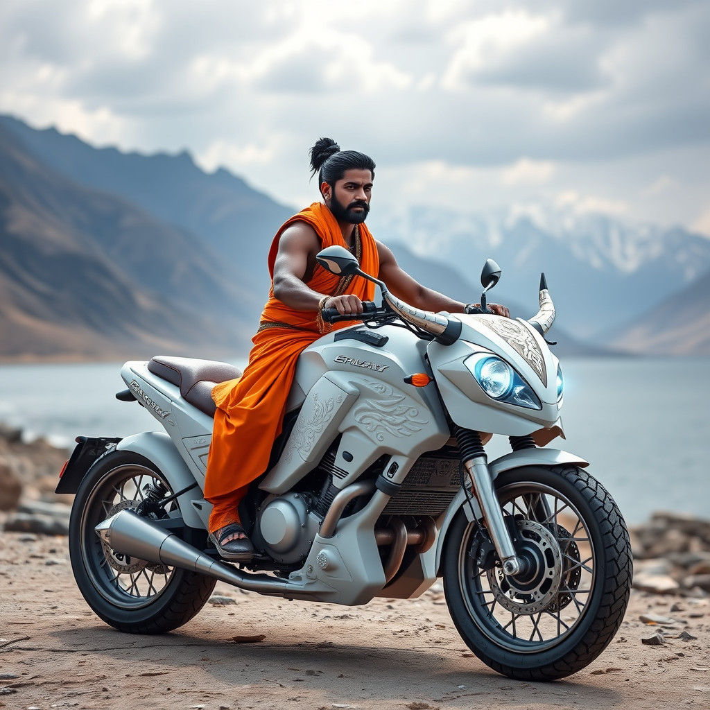 Indian Man Rides Bull Motorcycle: Mythological Landscape
