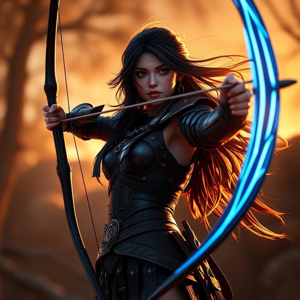 Archer in Black Armor with Glowing Bow, Anime Style