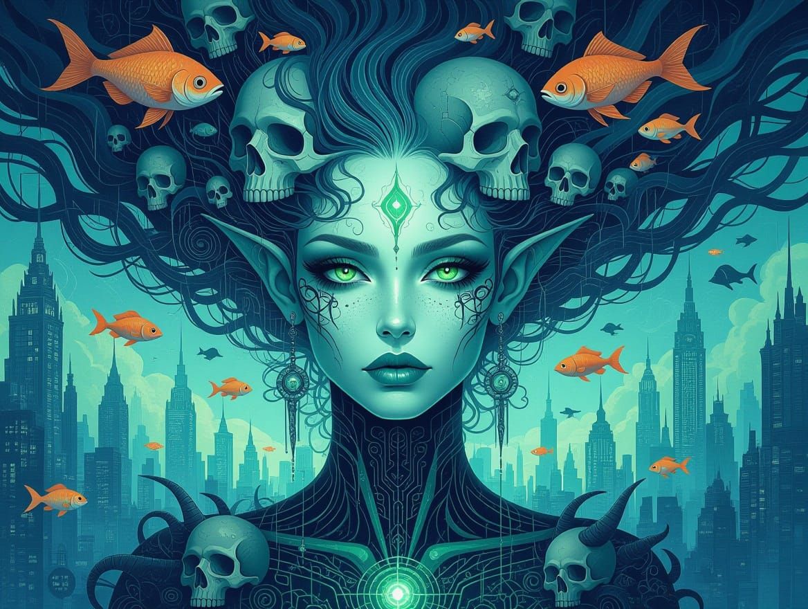 Ethereal Goddess Unfolds in Vibrant Cyberpunk Dreamscape