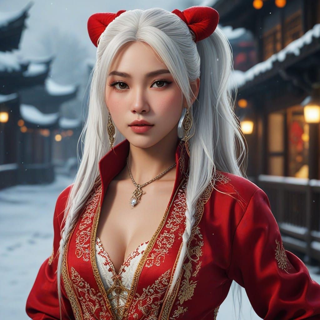 Elegant Asian Goddess in Winter Wonderland
