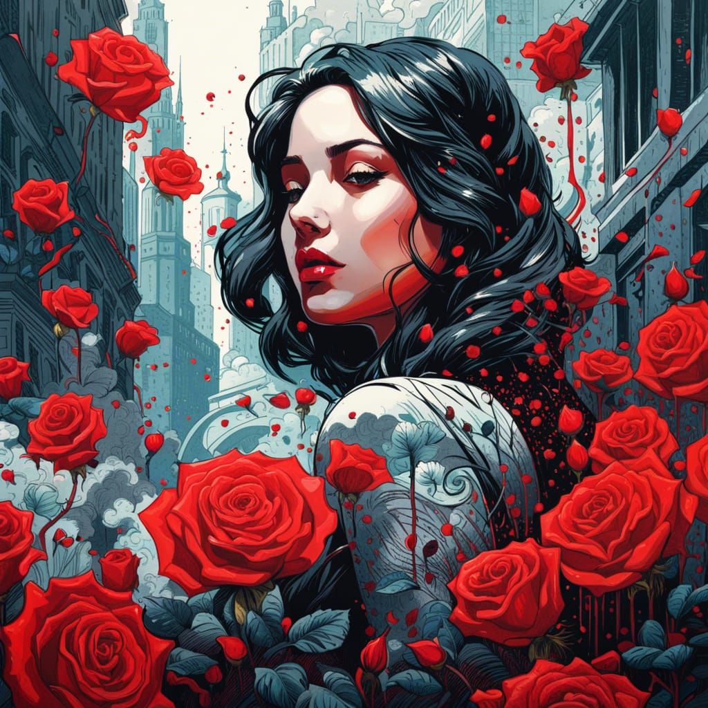 Beautiful Girl with Red Roses in Splash Art Style