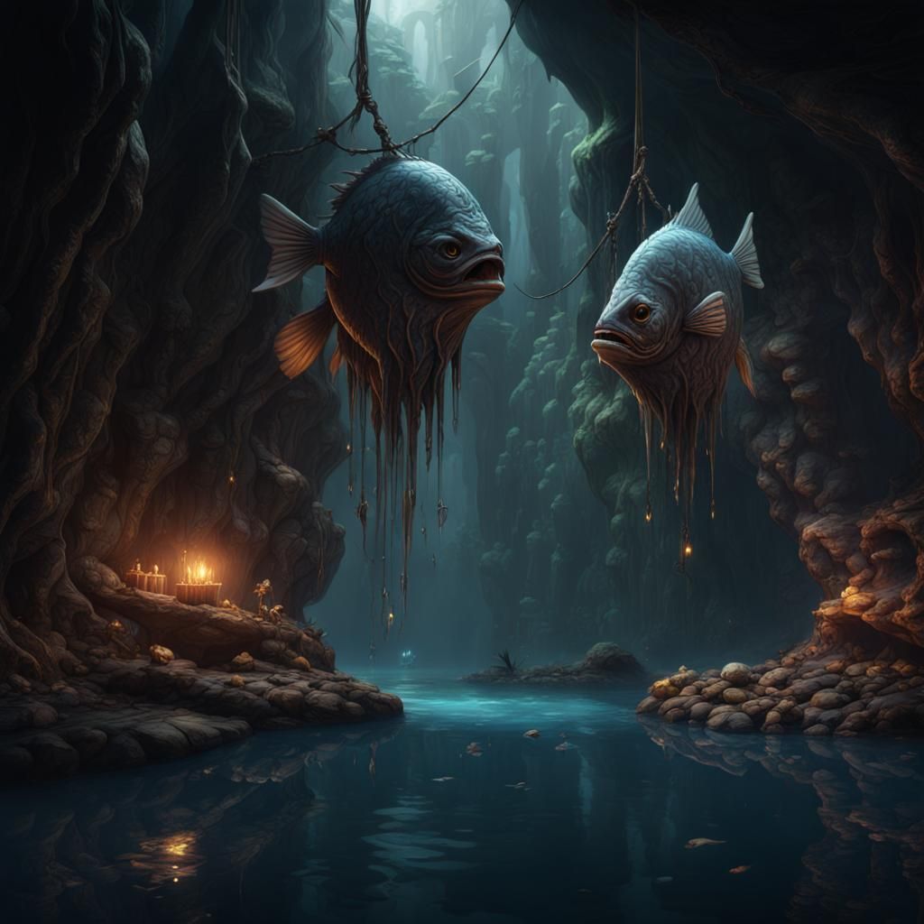 Dark Caves with Hanging Fish: Digital Matte Painting