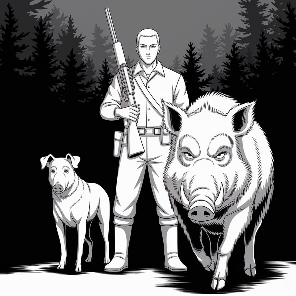 Hunter and Dog Confront Boar in Manga Style