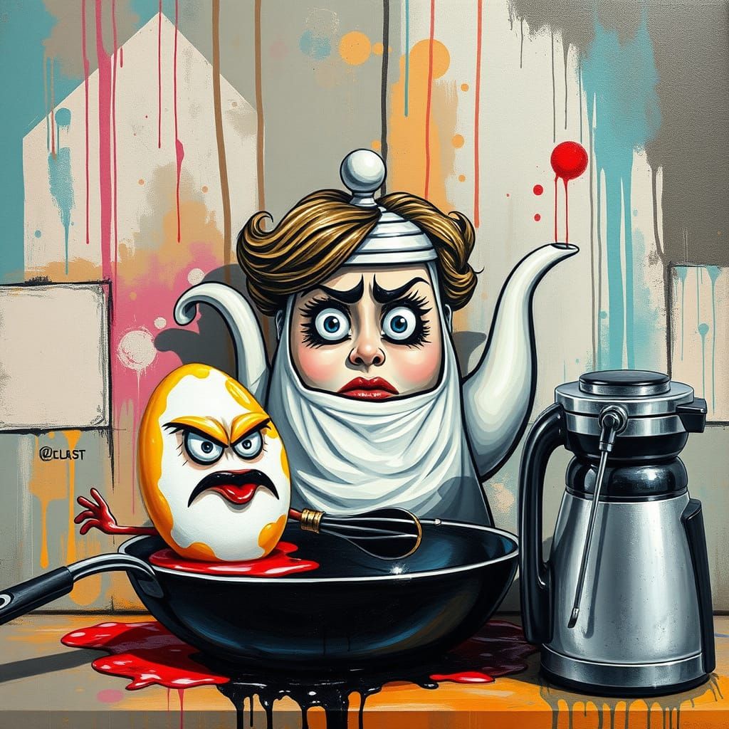 Terrified Teapot Hiding From Angry Egg, Graffiti Art