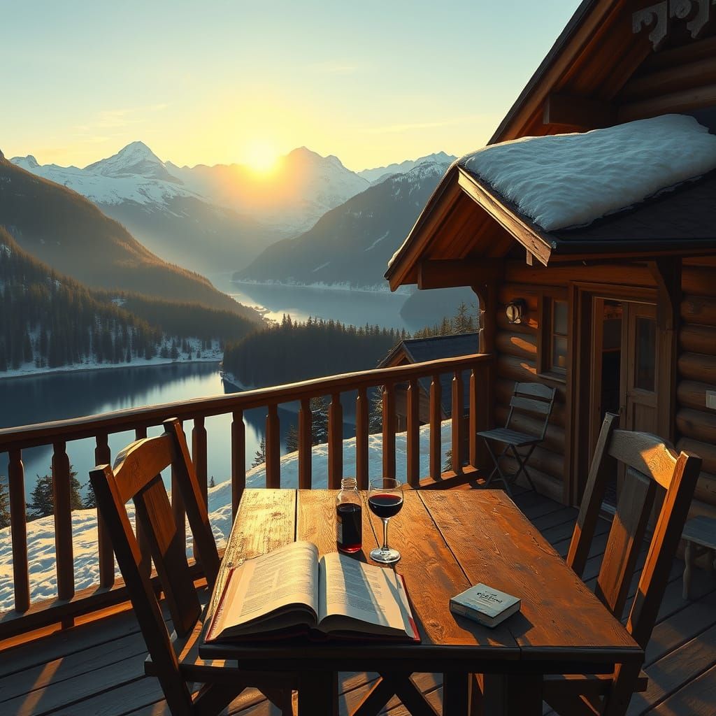 Alpine Mountain Hut Balcony Overlooking Lake at Sunset