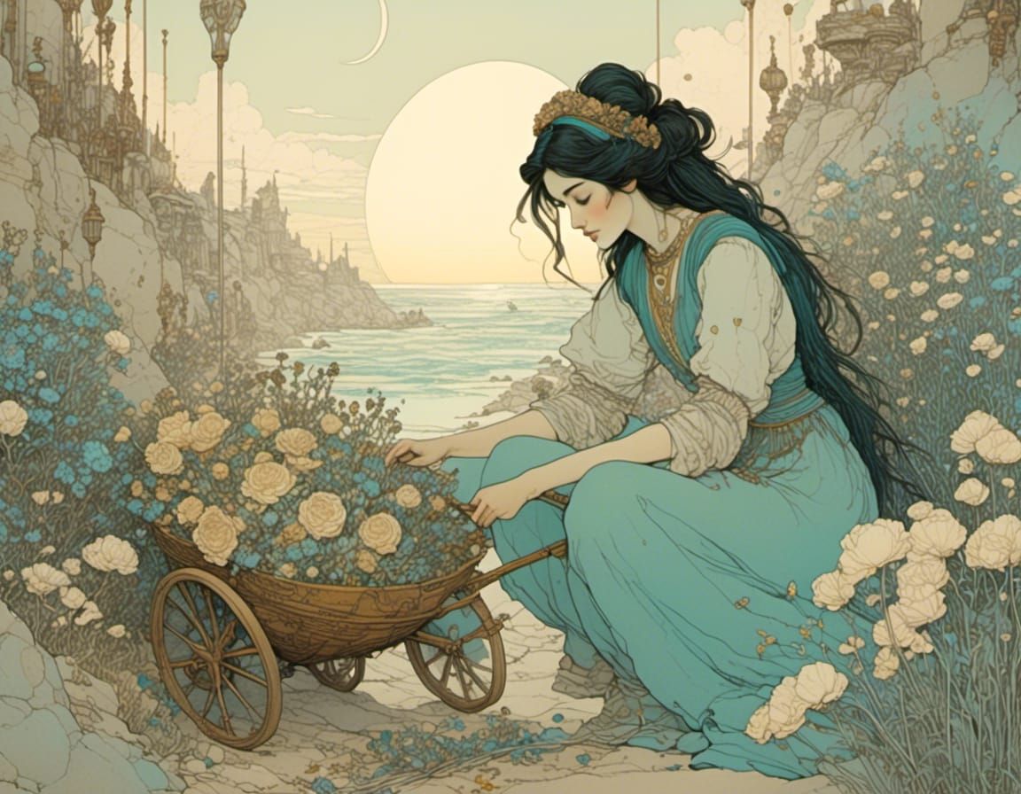 Persian Girl in Garden, Arthur Rackham Style