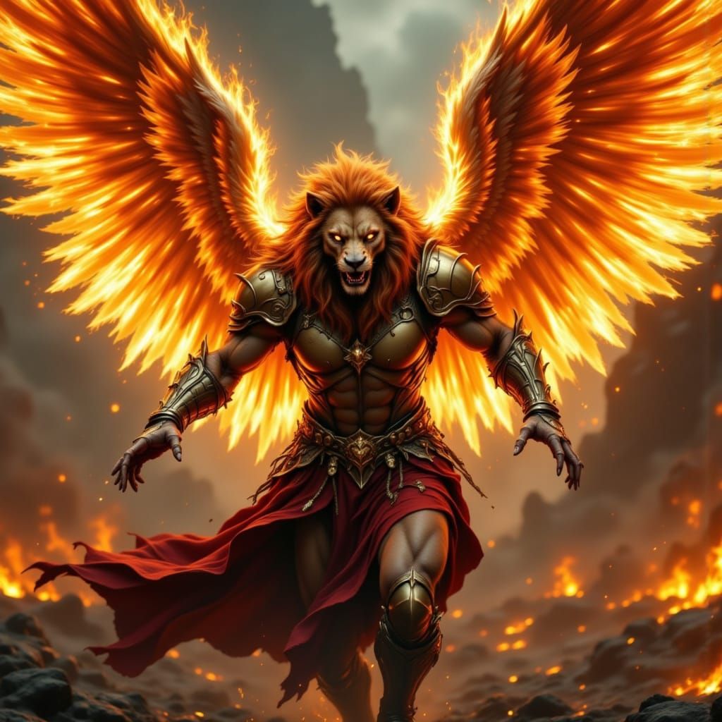 Lion-Headed Archangel Soars with Blazing Wings