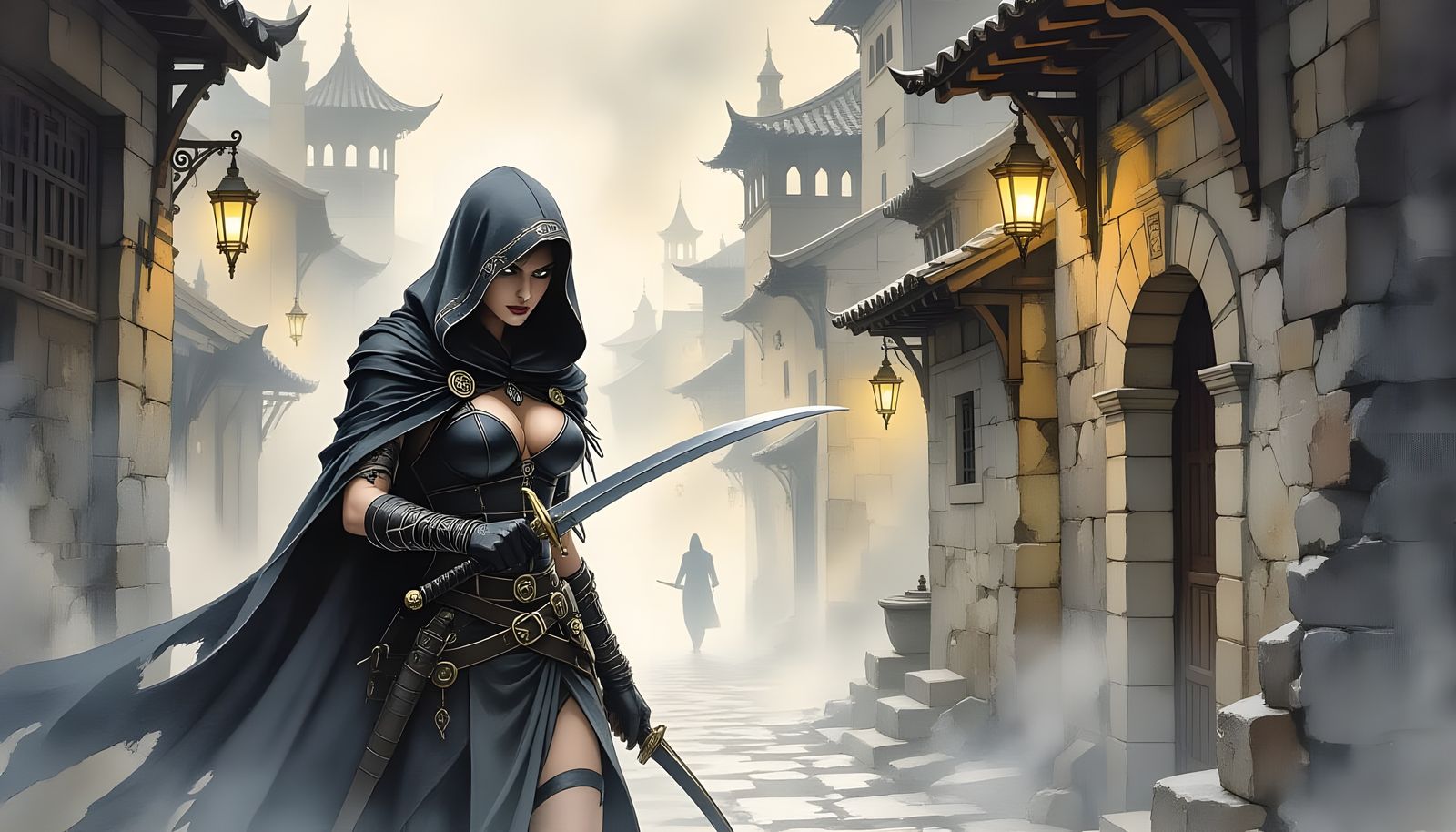 Hooded Assassin in Foggy Alleyway, Watercolor Style