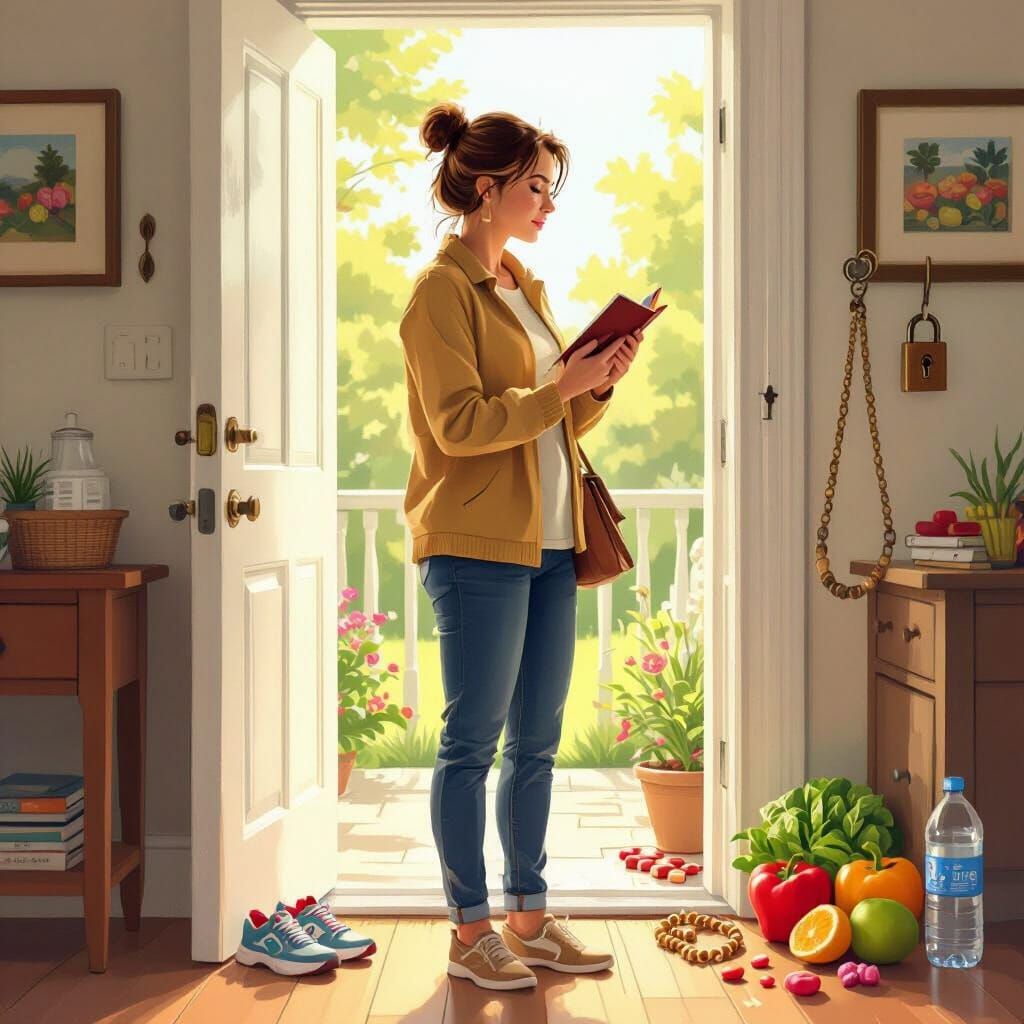 Woman Contemplates Health Tools in Digital Painting