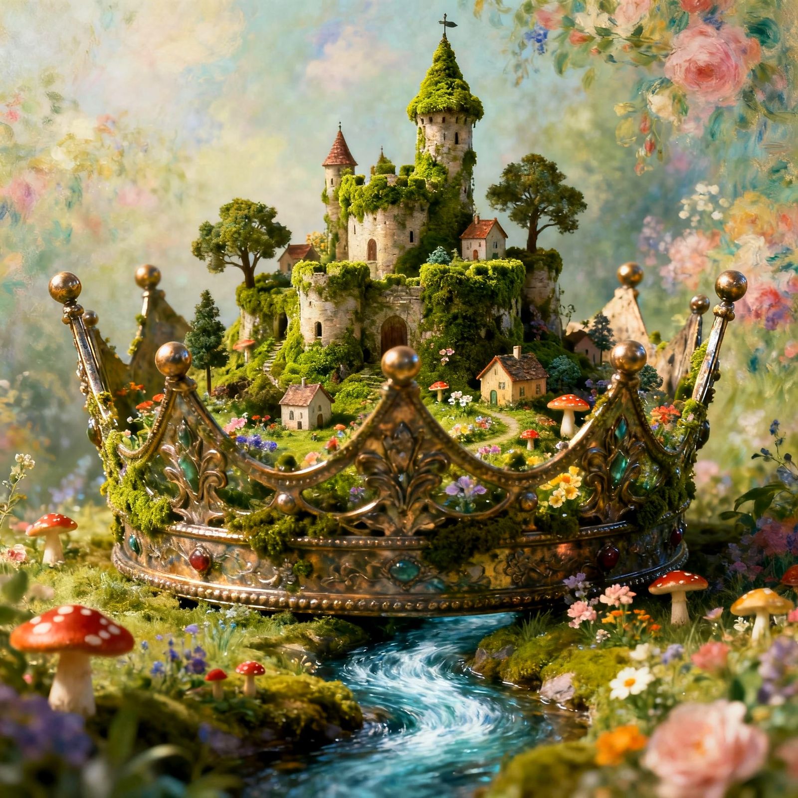 Miniature Kingdom Crown with Castle and Lush Scenery