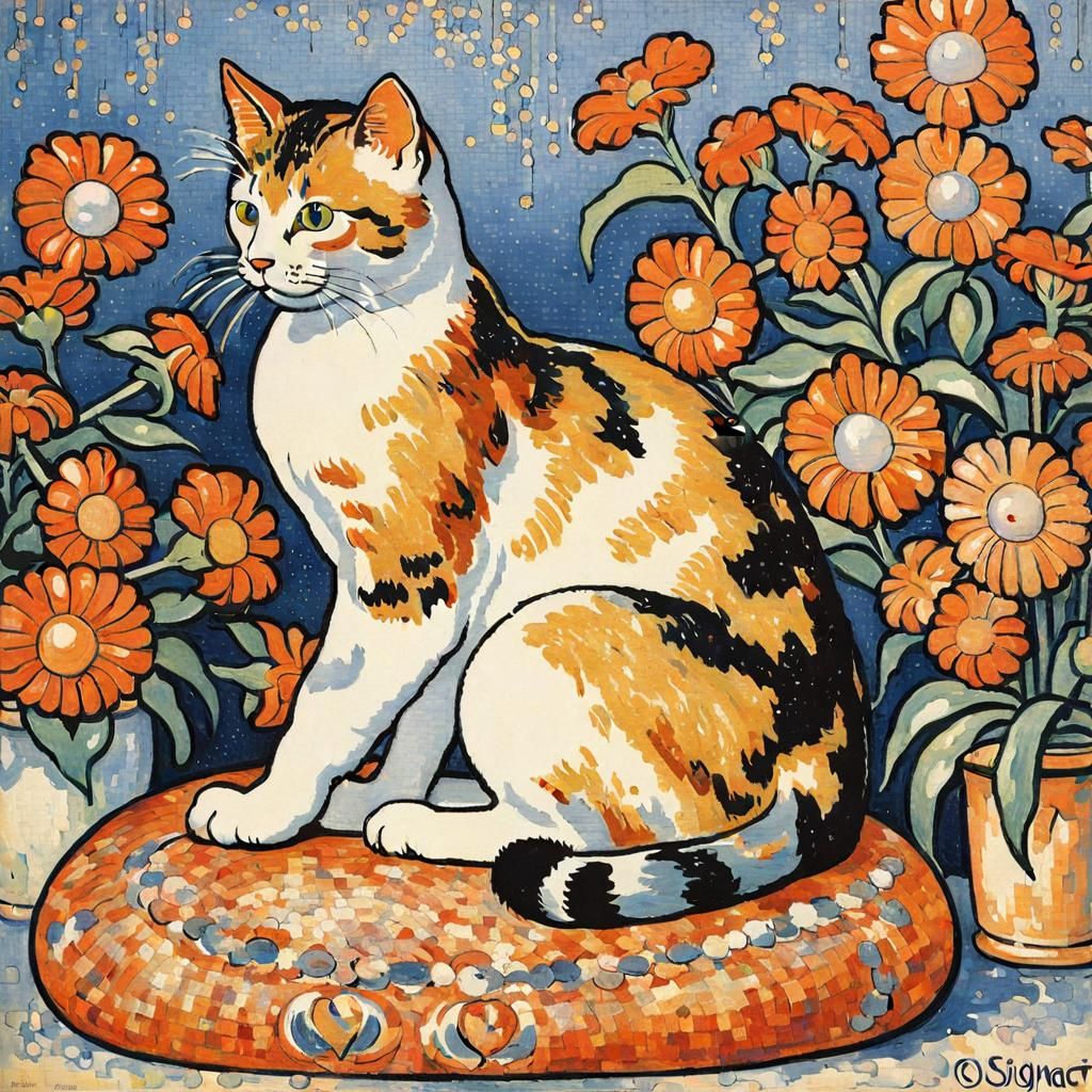 Paul Signac Style Floral Still Life with Cute Cat in a Whims...