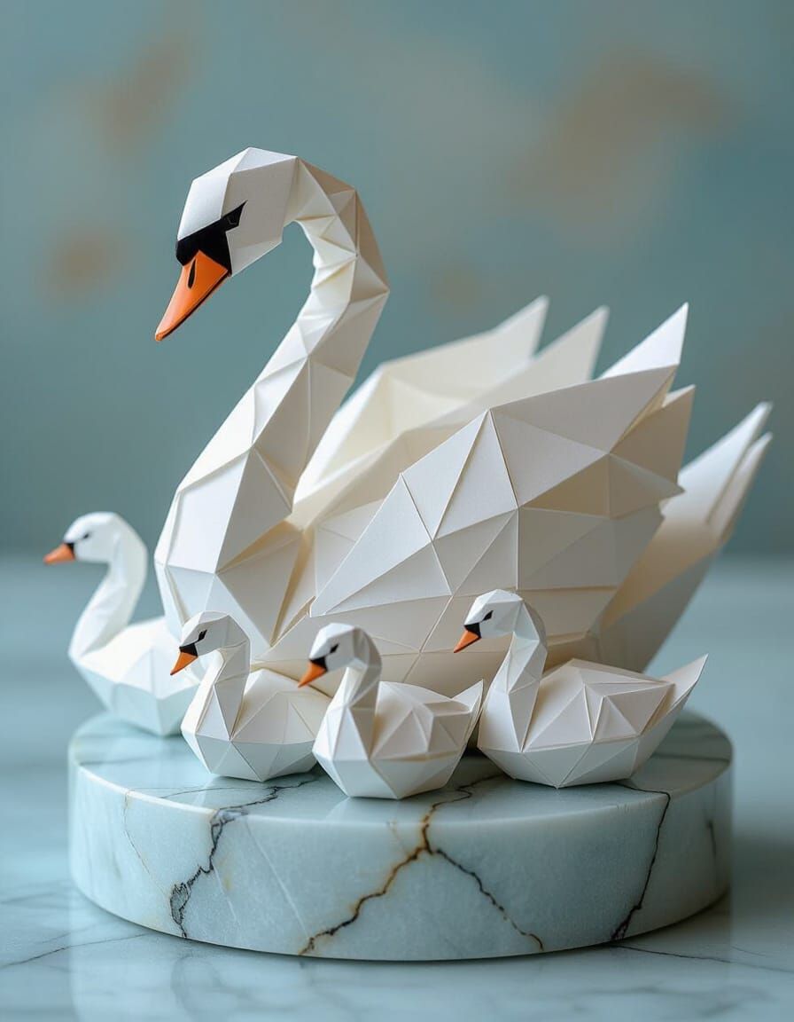 Elegant Origami Swan and Cygnets on Marble