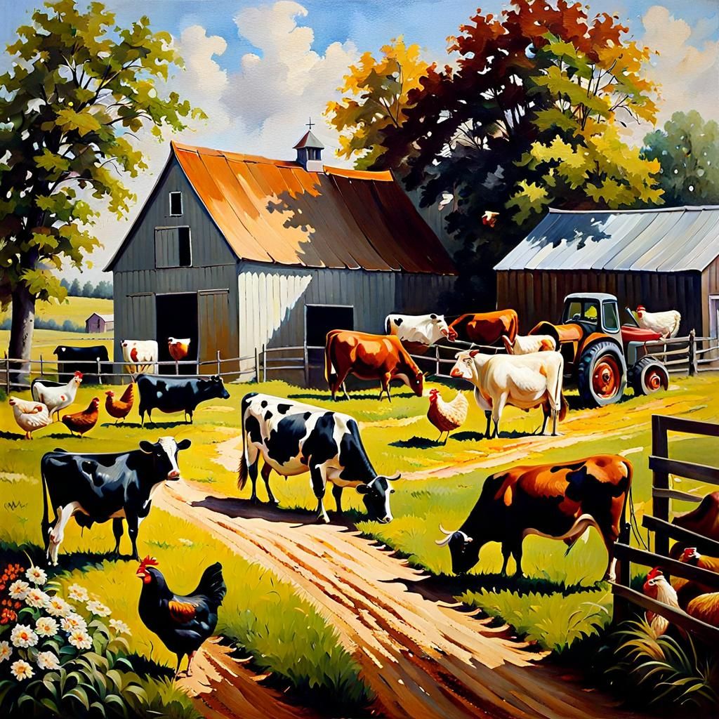Detailed Farmyard Scene in Oil Painting Style