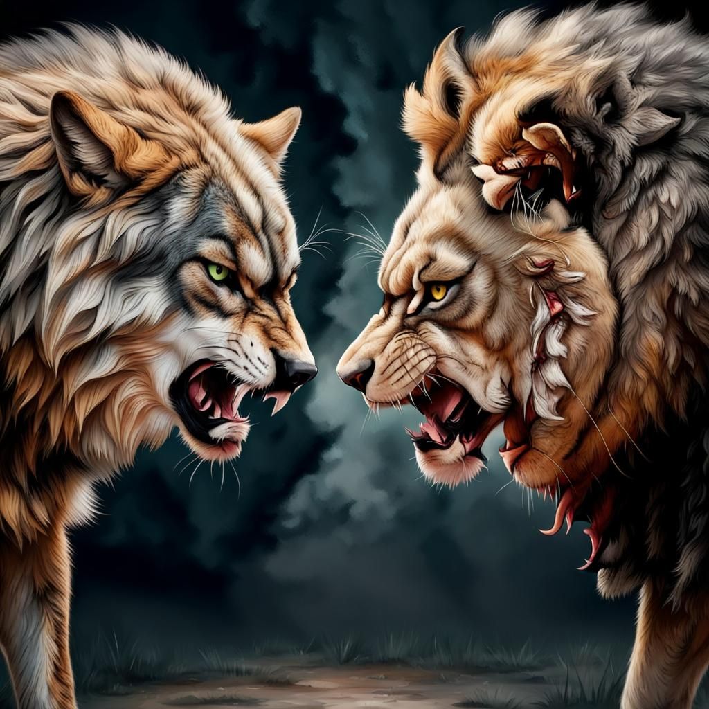 Angry Wolf and Lion Face Off