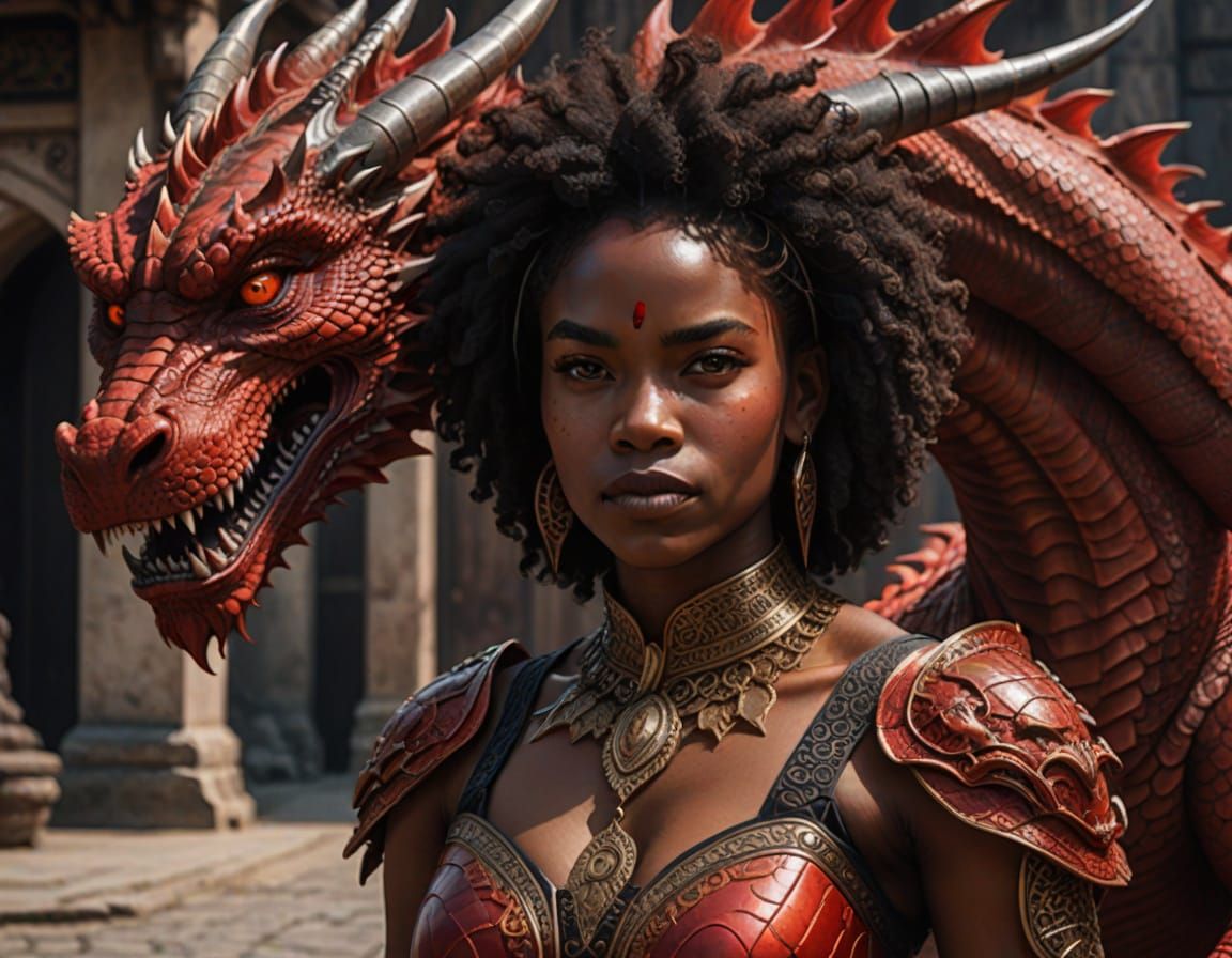 Elegant Afrodescendant Goddess Before a Majestic Red Dragon