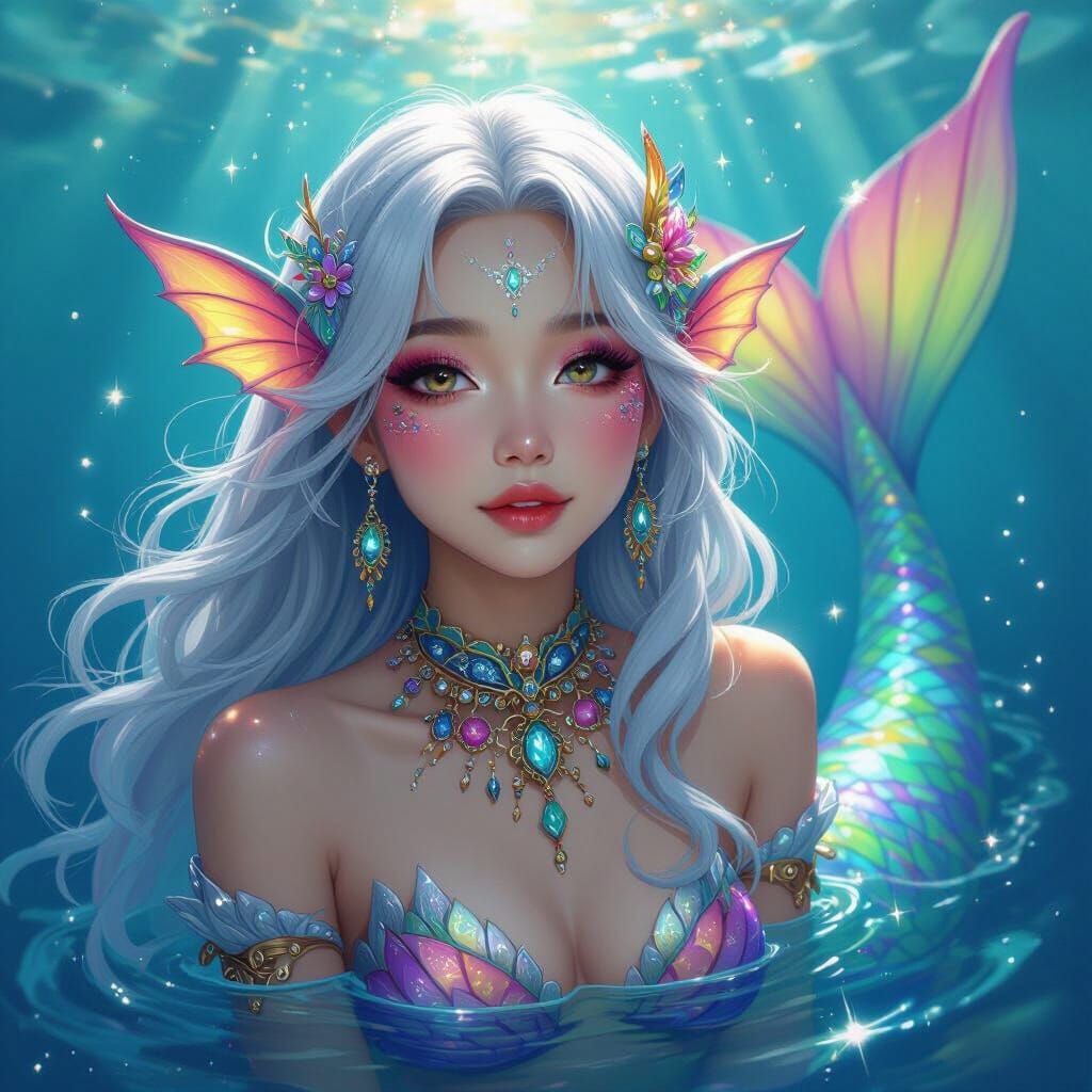 Silver-Haired Mermaid in Sparkling Ocean, Gurney Style